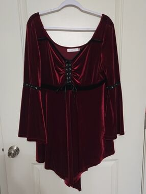 Smythe Wine Velvet Lace-Up Tunic with Bell Sleeves